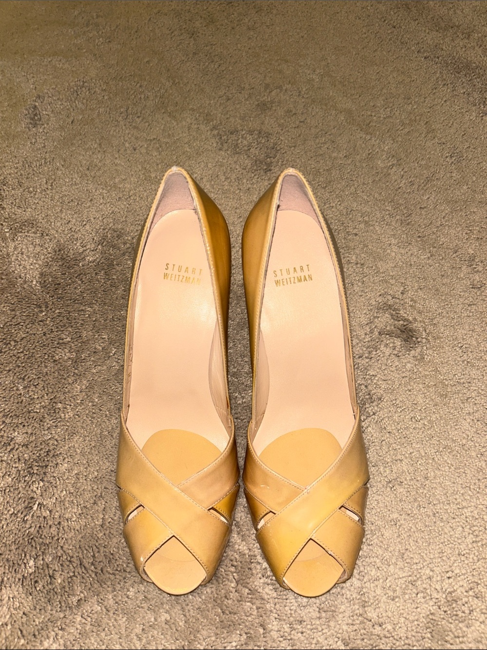 Stuart Weitzman Tan Patent Leather Cross-Front Peep-Toe Pumps